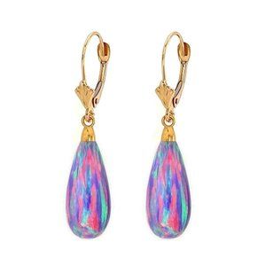 14K Yellow Gold Teardrop Purple Fire Opal Leverback Dangle Earring 1.5"
